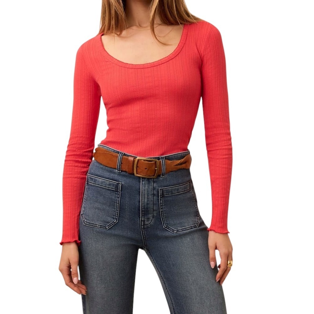 FAHERTY Paradise Organic Cotton Blend Pointelle Scoop Neck Tomato Fitted Top S